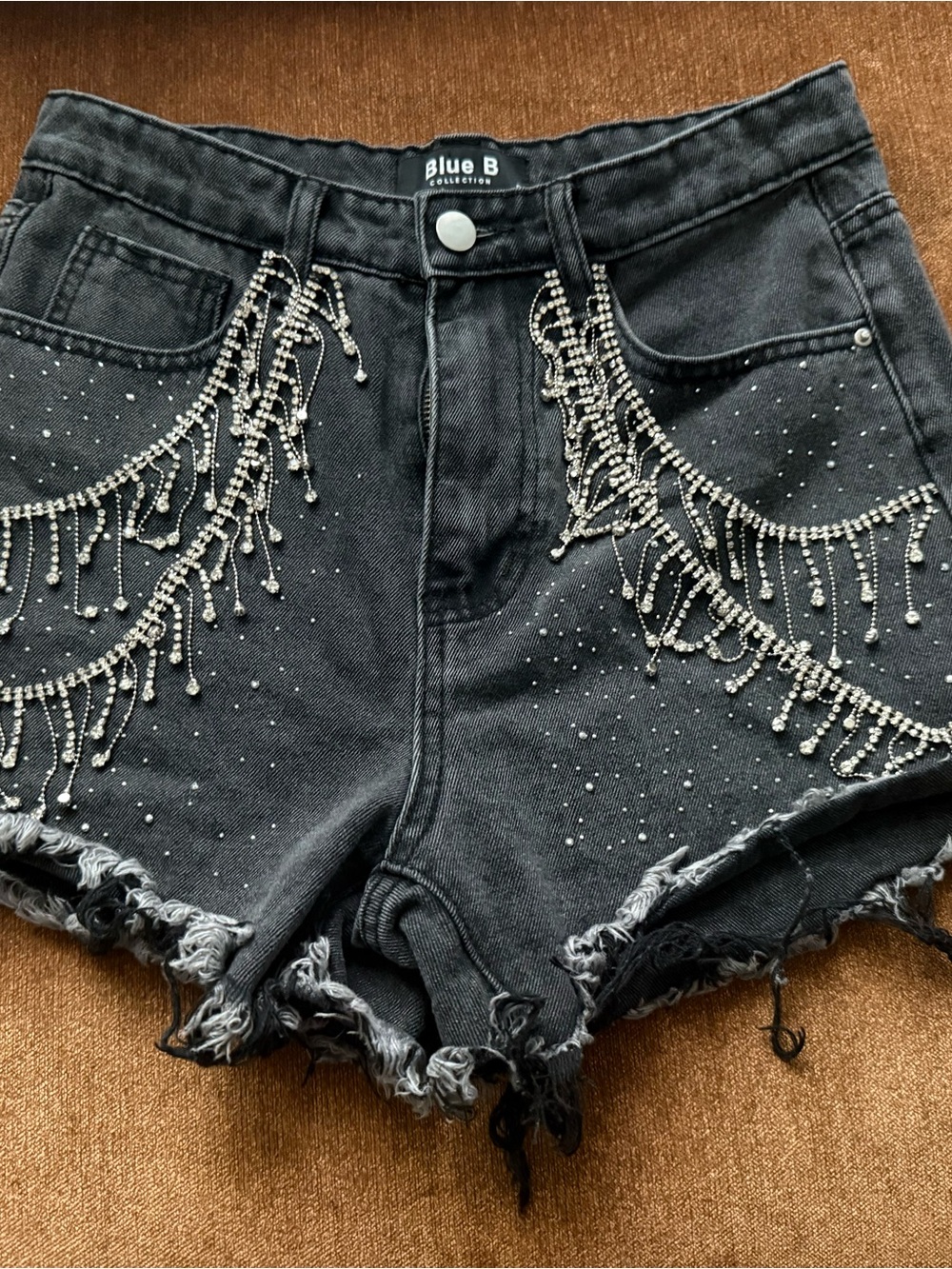 Blue B Collection Black Rhinestone Fringe Denim Shorts
